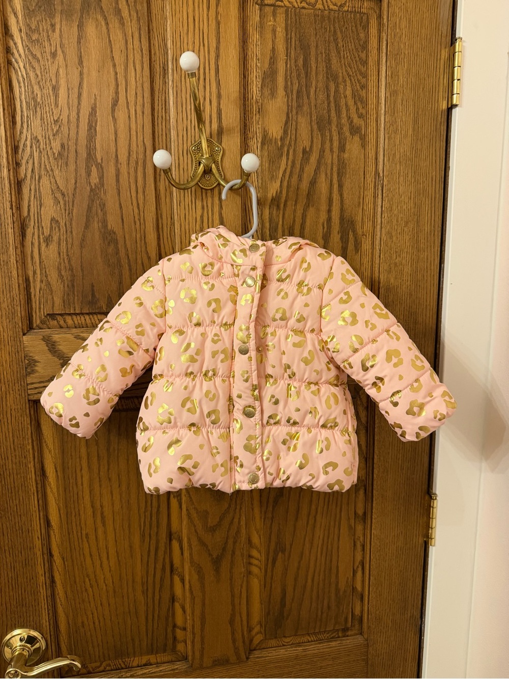 Carter’s Girls' Pink Puffer Winter Jacket with Gold Leaopard Print 12 Month
